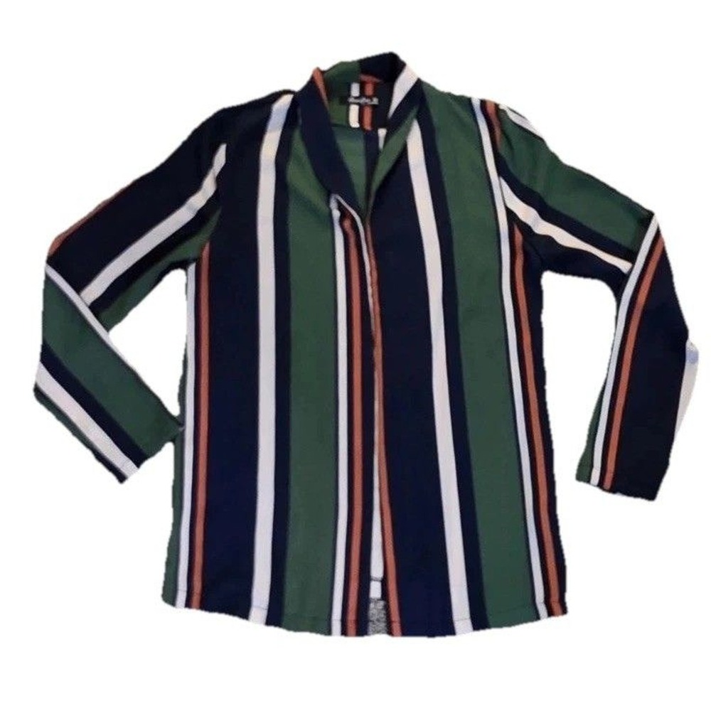 Women's Blue green Striped‎ Boho Retro 90s Y2K Long Sleeve Blouse Top Sz Medium